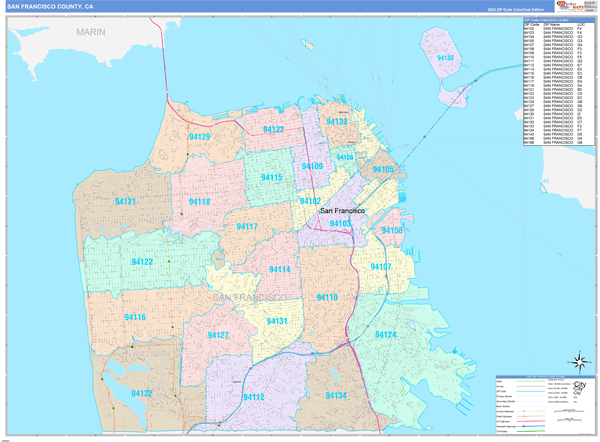 San Francisco County Digital Map Color Cast Style
